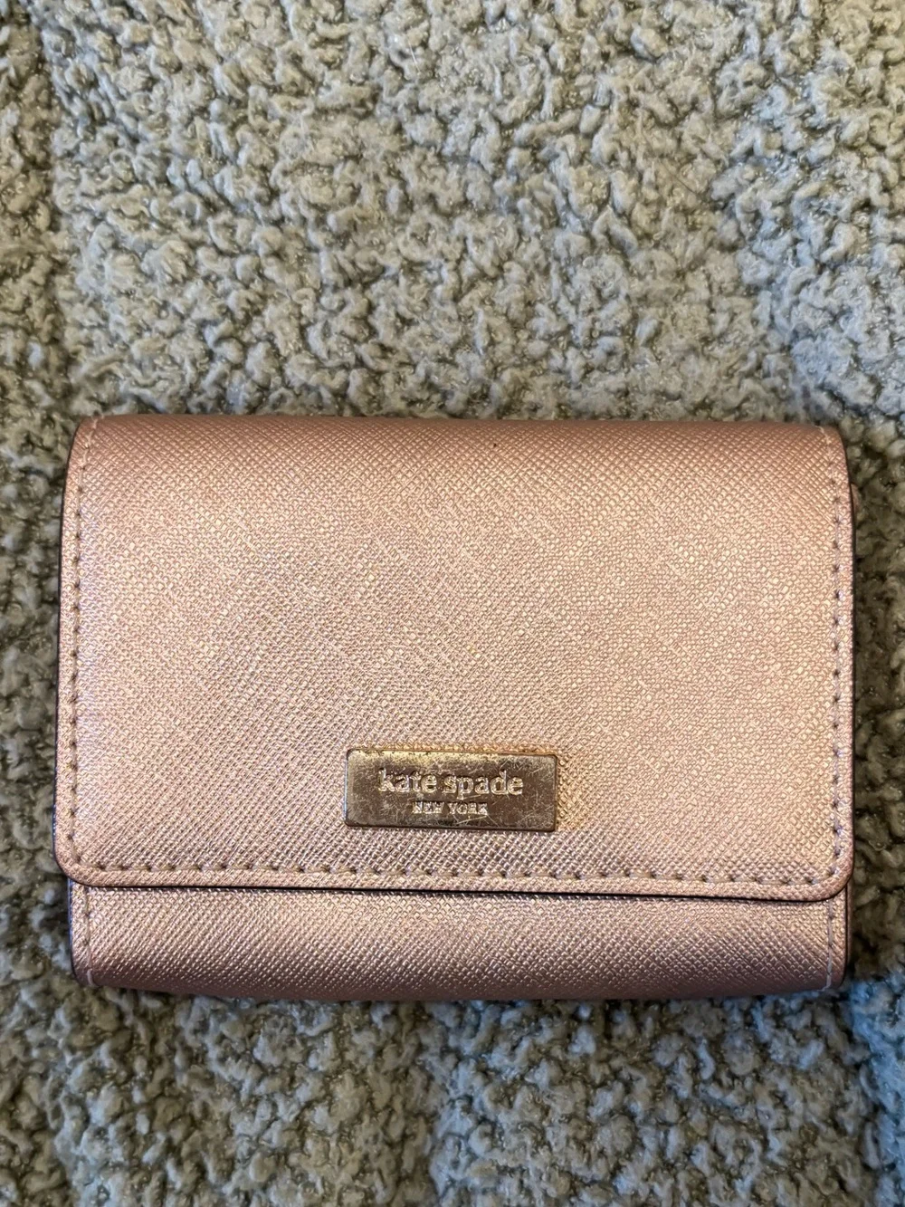 kate spade metallic rose gold compact trifold snap card wallet